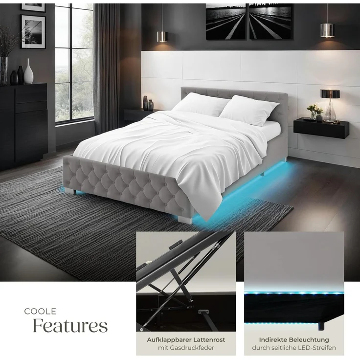 tectake Polsterbett Komfortbett mit LED-Leisten & Stauraum - Samtoptik mit Steppmuster (Bettset, in Dunkelgrau), stabiler Stahlrahmen, Belastbarkeit 250 kg – Bild 5