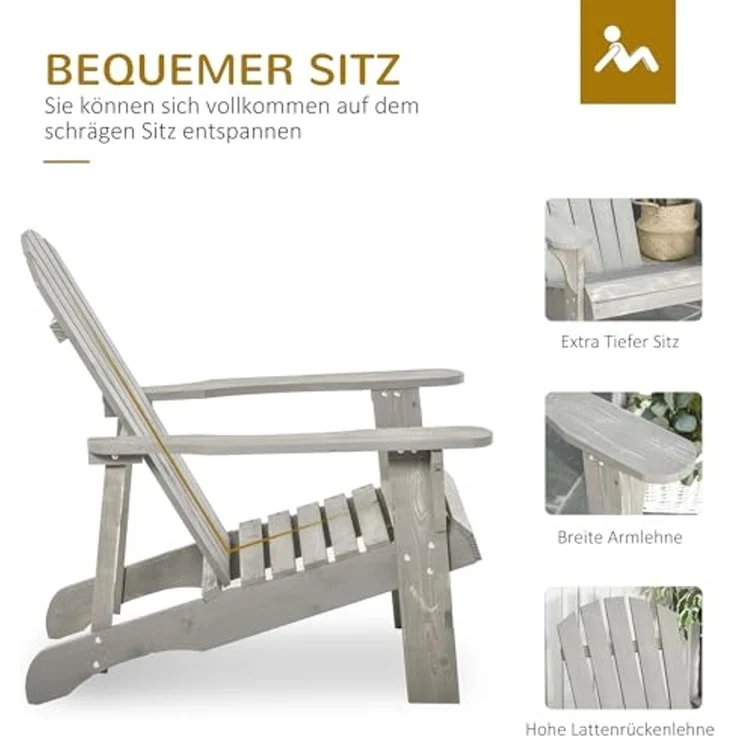 Outsunny Gartenstuhl mit Hoher Rückenlehne, Armlehnen (Adirondack Stuhl, 1 St), für Garten, Terrasse Balkon 78 x 89 x 88 cm Hellgrau – Bild 6