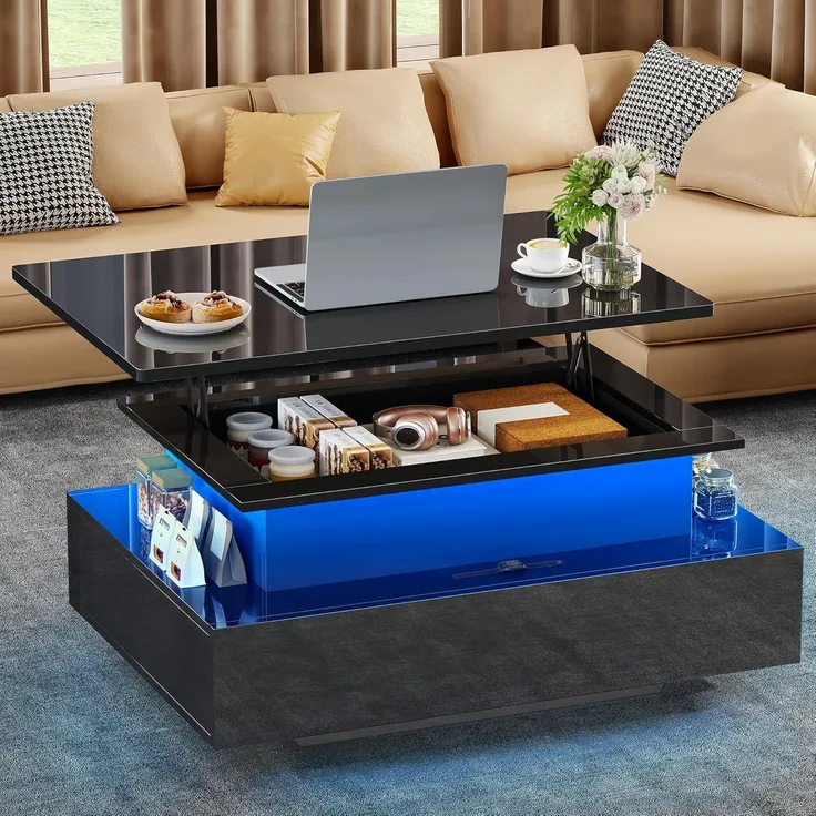 YITAHOME Couchtisch Höhenverstellbar, Wohnzimmertisch Hochglanz mit Hebeplatte,Couch Tisch Wohnzimmer mit 16-Farbiger LED Modern and 2 Schubladen