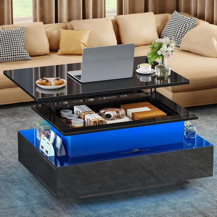 YITAHOME Couchtisch Höhenverstellbar, Wohnzimmertisch Hochglanz mit Hebeplatte,Couch Tisch Wohnzimmer mit 16-Farbiger LED Modern and 2 Schubladen – Bild 1