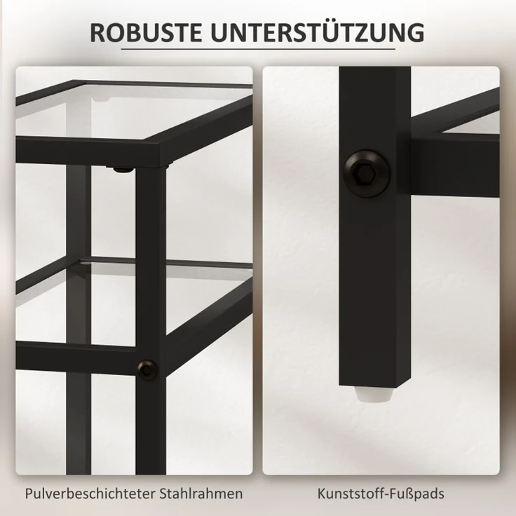 Beistelltisch 40 x 18 x 62 cm, mit Höhenverstellung, mit Bodenschonern, Möbelkonstruktion aus Glas, Schwarz – Bild 6