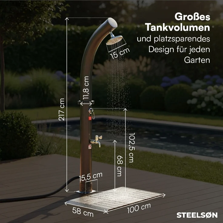 STEELSØN 'Selara' Solardusche 20 Liter, schwarz, warmes Wasser bis 60°C, Gartendusche mit schwankendem Regenduschkopf und Wasserhahn, Outdoor Dusche inkl. Schutzhaube und Kunststoffboden – Bild 8
