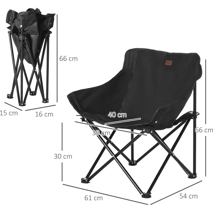 Outsunny Campingstuhl faltbarer Gartenstuhl mit Seitentasche, Stahlrahmen (Klappsessel mit Tragetasche für Pool, Garten, 1 St), Oxfordstoff, Schwarz – Bild 3