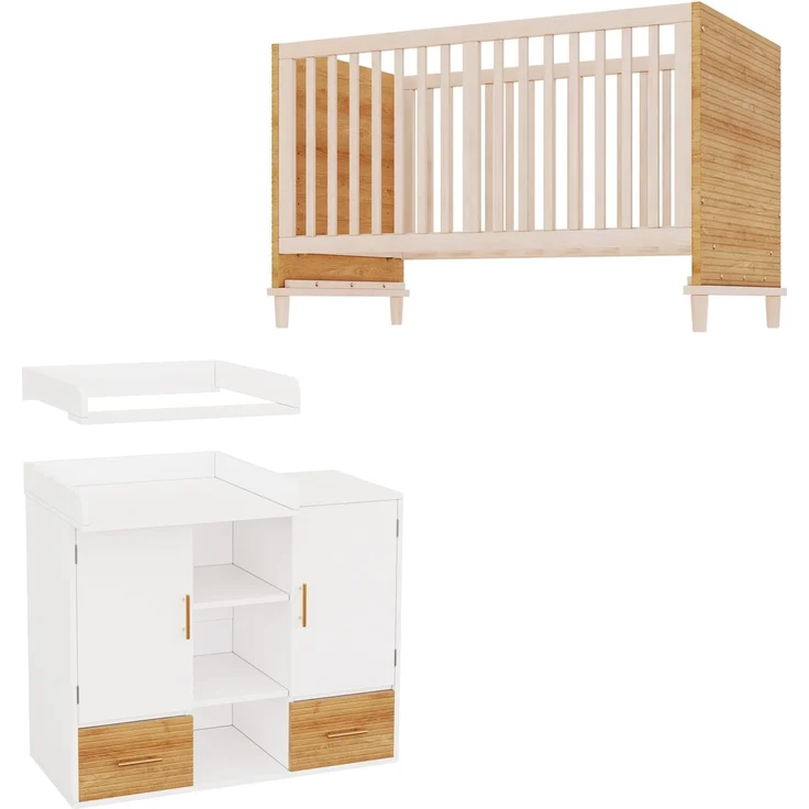 Merax Wickeltisch & Gitterbett Set, Babyzimmermöbel, Kinderzimmermöbel, Baby-Wickeltisch (114 x 53 x 92 cm), Wickelablage, abnehmbares Wickelgeländer, Babybett (70 x 140 x 87 cm), natur – Bild 9