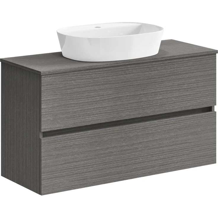 Baikal Onyx Badezimmerschrank, 2 Schubladen, Wandmontage, mit Keramikwaschbecken, montiertes Möbelstück, Melamin 16, Möbel F39 + Oberteil + Waschbecken 100 cm, Asche