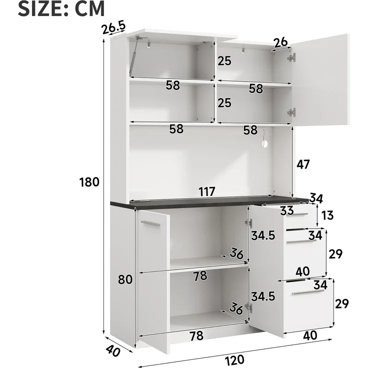 Merax Buffetschränke, Esszimmer-Hochschrank 120×40×180 cm, mehrstufigem Stauraum, integrierter Steckdose sowie USB-C- und USB-A-Anschlüssen,Mit farbigem Lichtstreifen, Weiß – Bild 4