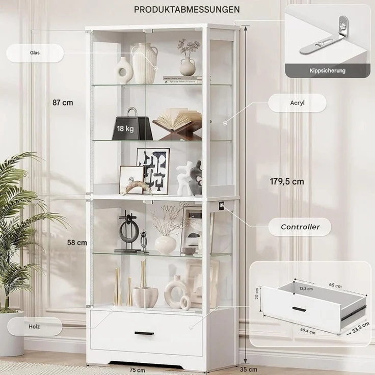Glasvitrine 75x35x179.5 cm, 5-stöckige Vitrine mit Schublade, LED-Beleuchtung und Sensor, Weiß – Bild 4