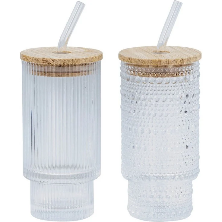 Levandeo® Glas, 2er Set Trinkglas Deckel Strohhalm 250ml Bambusdeckel Trinkbecher – Bild 2