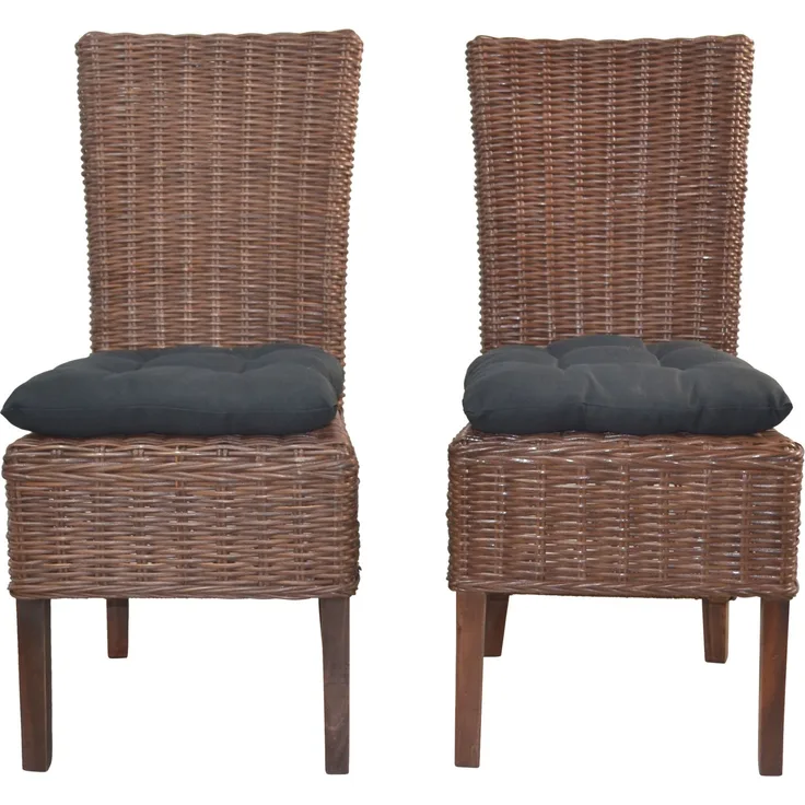 Rattanstühle/Esszimmerstühle 2er-Set, handgeflochten, braun, inkl. Kissen schwarz