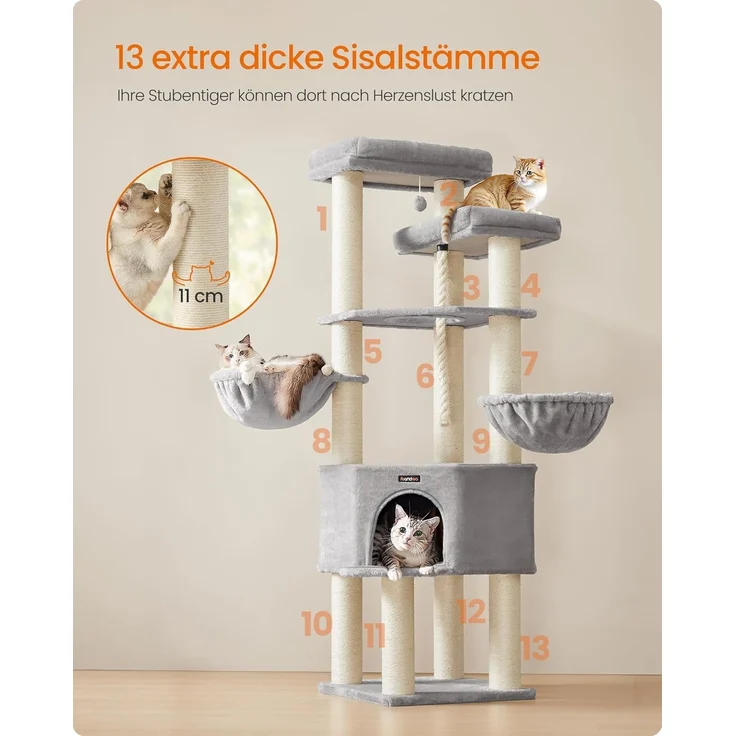 Feandrea Kratzbaum groß, mehrstöckiger Katzenbaum, XXL, 55 x 55 x 186,7 cm, 11 cm d Dicke Sisalstämme, für große Katzen wie Maine-Coon-Katze, Katzenkratzbaum, Taubengrau-cremeweiß – Bild 3