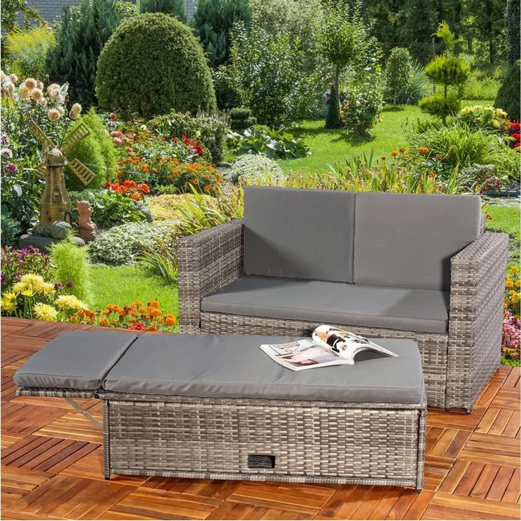 Feel2Home Gartenlounge-Set Polyrattan-Lounge mit Zweisitzer-Sofa und Ottomane mit Stauraum, (Set, 2-tlg, Sofa & Ottomane), Kissen inkl. Reißverschluss daher abnehm- und waschbar – Bild 3
