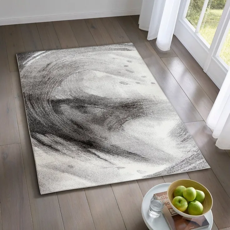TaCa Home Teppich Designer Kurzflor Teppich Moderne Kunst, rechteckig, Höhe: 12 mm, Wohnzimmer Schlafzimmer Esszimmer, Circle Grau - 80 x 140 cm