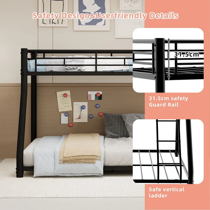 EINHOM Metall-Etagenbett 90 x 190 / 140 x 190 cm, mit Leiter und Durchgehenden Sicherheitsgeländern, Platzsparend, für Jugendliche und Erwachsene (Ohne Matratze) – Bild 7