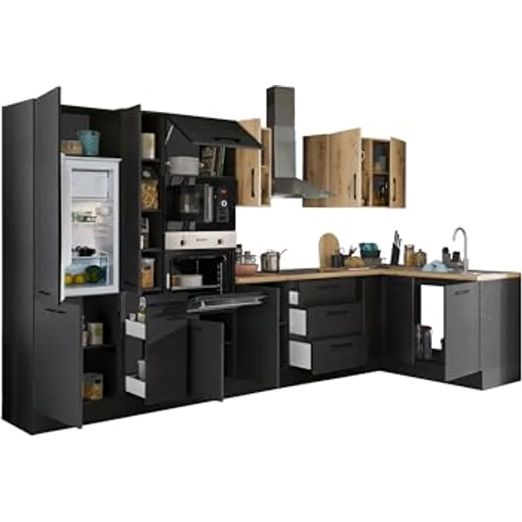 Stella Trading Turin LBM Eckküche 360 x 211 x 60 cm, schwarz - Ohne Küchengeräte - Moderne, geräumige Küche in Artisan-Eiche Optik mit viel Stauraum – Bild 4
