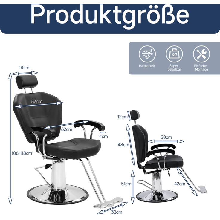 HOME NATURE WOHNKONZEPT Friseurstuhl hydraulisch, Barberstuhl höhenverstellbar, 360° drehbar, mit verstellbarer Kopfstütze, Kunstleder, Schwarz – Bild 2