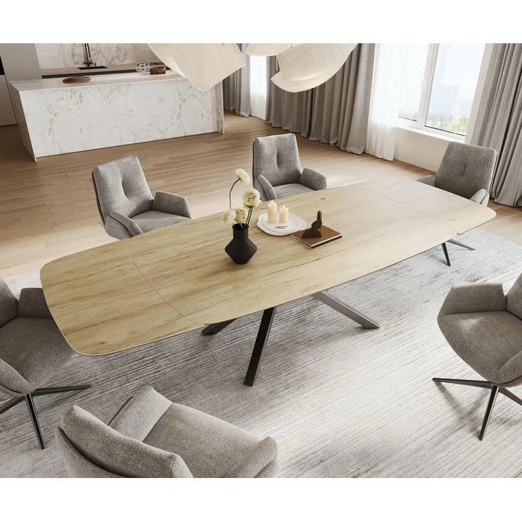 Esstisch Edge Boot 200-300x120 cm Keramik Laminam® Sabbia Eichefarbig Kreuzgestell Rechteck Edelstahl Graphit ausziehbar – Bild 4
