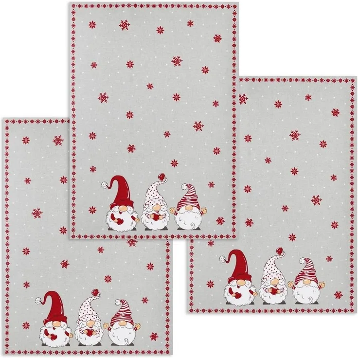 Kracht Geschirrtuch Wichtel Weihnachten, (Set, 3-tlg, Set), 3er Pack Geschirrtücher (3 Stück), ca. 50 x 70 cm, Halbleinen bedruckt