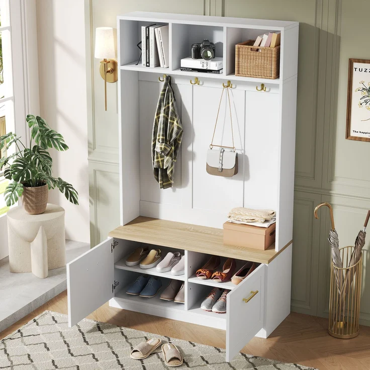 Garderobenset mit Sitzbank, offenem Stauraum und 2 Türen – Kompaktgarderobe mit 4 Haken, in Natur & Weiß, Maße 105 × 40 × 180 cm--Natur + Weiß--105x40x180cm--YOUDENOVA – Bild 2