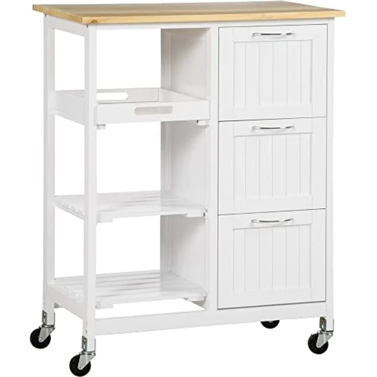 HOMCOM Servierwagen Küchenwagen mit Schubladen Arbeitsplatte, (Rollwagen, 1 St, Küchenrollwagen), Weiß, 67 x 37 x 87 cm – Bild 1