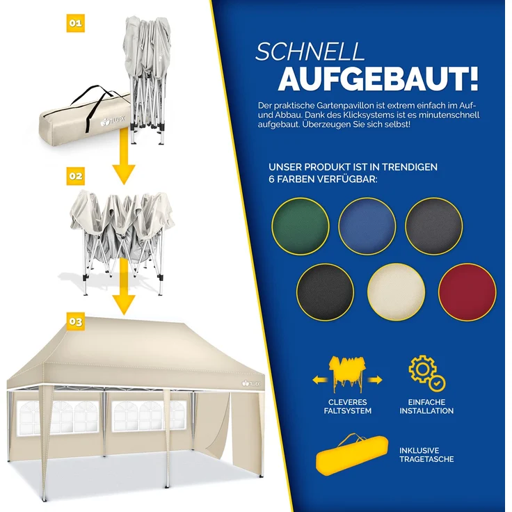 tillvex Pavillon 3x6m - mit 3 Seitenwänden Beige wasserdicht | Pop-Up Faltpavillon höhenverstellbar | Gartenzelt UV Schutz 50+ | Partyzelt mit Tasche für Garten – Bild 8