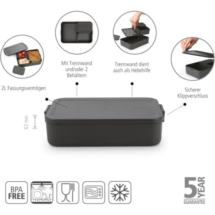 Brabantia - Make & Take Brotdose Bento - Groß - Herausnehmbare Fächer - Deckel mit Klickverschluss - Gefriergeeignet - Spülmaschinen- & Mikrowellenfest - Dark Grey - 25,5 x 16,7 x 6,2 cm – Bild 2