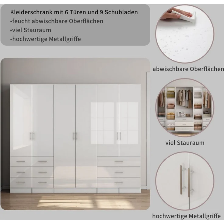 OTTO home Kleiderschrank Trento Schlafzimmerschrank Garderobe Hochglanz Bestseller Schrank mit 6 Türen und 9 Schubladen, höchglänzende Fronten – Bild 2