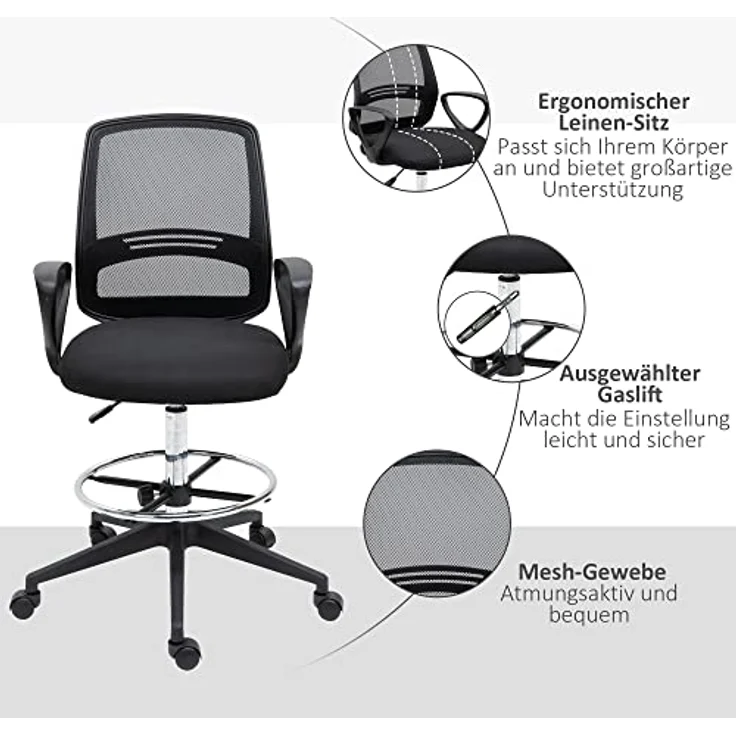 Vinsetto Drehstuhl, Schwarz, mit atmungsaktivem Netzgewebe, individuell einstellbarer Sitzhöhe und dick gepolstertem Sitz, L59,5 x T60 x H102,5–126 cm – Bild 8