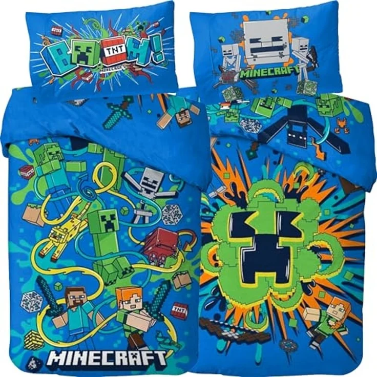 BERONAGE Wendebettwäsche Minecraft Bettwäsche Slurp Blast Biber / Flanell, Baumwolle, 2 teilig, 135x200 + 80x80 cm – Bild 1