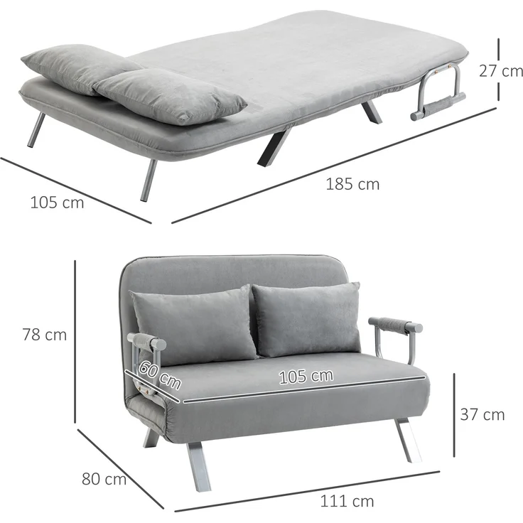 Wohnora-Schlafsofa, Doppelsofa, Gästebett, inklusive 2 Kissen, Grau,H 780cm x T 1110cm x B 800cm,Hellgrau – Bild 4