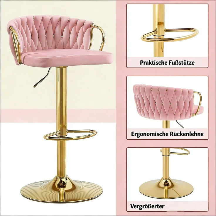 Elegante Bar-Hocker,Soft-Kissen-Tisch-Hocker,Bequeme Sitze,Küchenstuhl,Kaffeestuhl(Es ist nur ein Bar Stuhl enthalten)--Rosa--50.5x49.5x98cm--YOUDENOVA – Bild 2