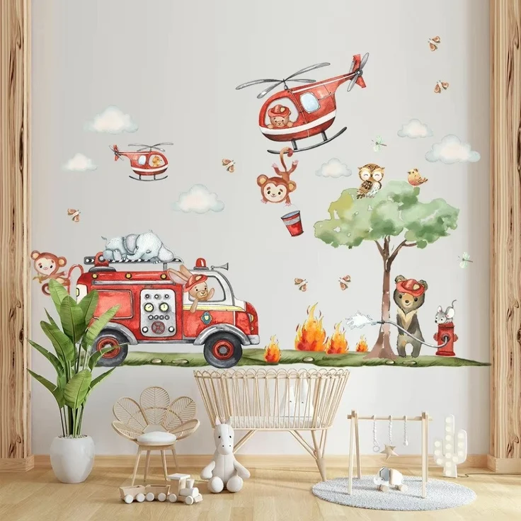 Montegoni Wandsticker Cartoon Feuerwehr Wandsticker, selbstklebend, Kinderzimmerdeko, Selbstklebend und wiederverwendbar, leicht anzubringen – Bild 2