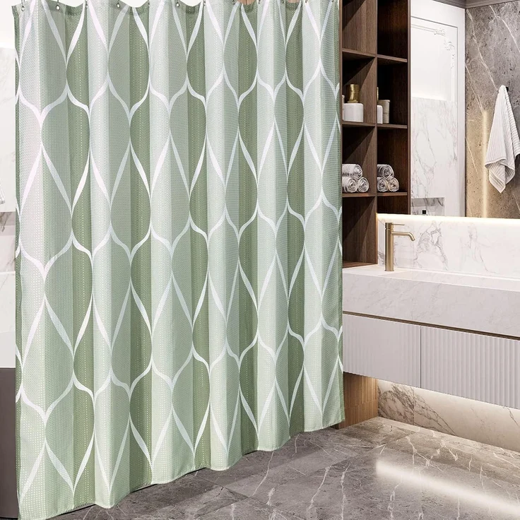 Geometrischer Duschvorhang Stoff Textil Anti Schimmel Vorhang Set 182x182cm Grün – Bild 2