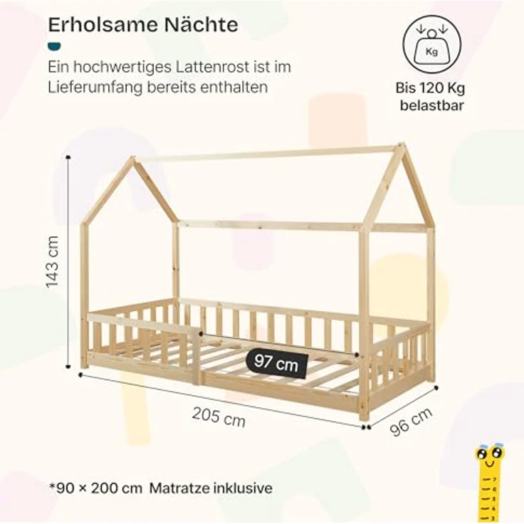 Hausbett Hesel, Kinderbett, Lattenrost und Matratze, Holzoptik, 90x200 cm – Bild 3