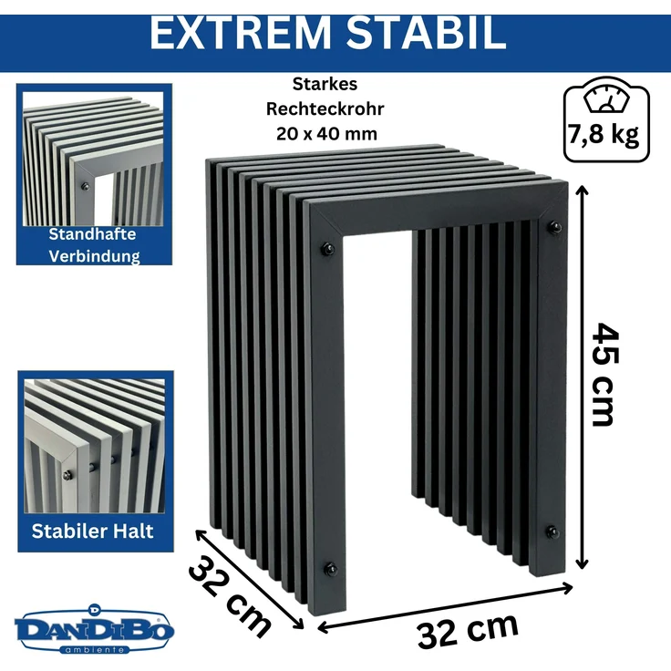 DanDiBo Lamellenhocker Hocker Metall Schwarz Eckig BASE Massiv 45 cm Modern Beistelltisch Lamellen – Bild 2