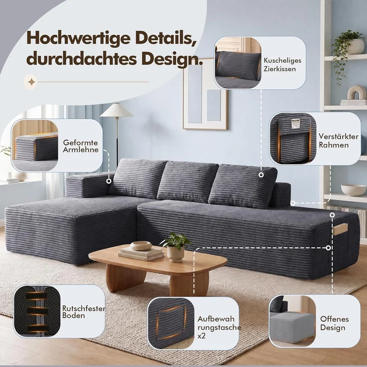 COMHOMA Ecksofa mit Schlaffunktion, 255cm Corduroy Modulares Boneless Couch mit Chaiselongue & Rücken-Metallgestell, L-Form Schlafsofa mit offenem Design, Kissen & Seitentaschen,für Wohnzimmer, Gris-R – Bild 10