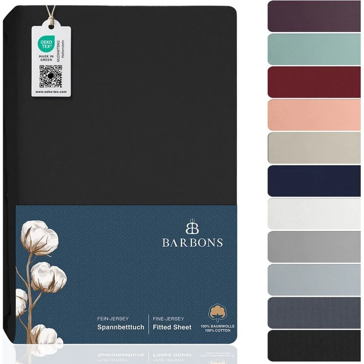 BARBONS Spannbettlaken Jersey Bettlaken, 145 g/m² Spannbetttuch, bis zu 25cm Höhe, Topper, Jersey aus 100% Baumwolle, Gummizug: rundum, (1 Stück), Rundumgummi, Atmungsaktiv – Bild 1