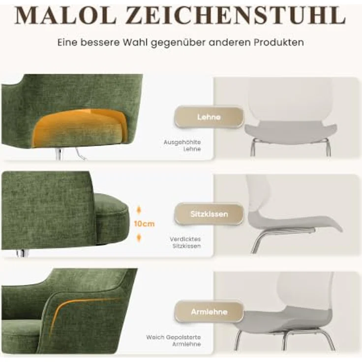 MALOL Drehstuhl Sessel Wohnzimmer höhenverstellbar, Moderner Relaxsessel Stuhl mit Rollen, 360° Drehsessel Schreibtisch Stuhl mit Armlehnen für Wohnzimmer, Schlafzimmer, Homeoffice, Grün – Bild 10