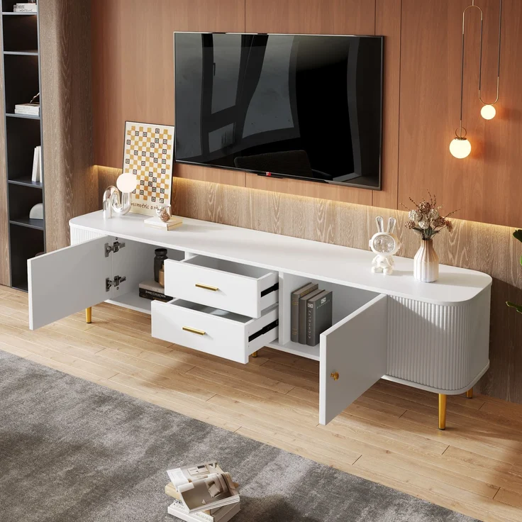TV-Schrank Weiß mit Goldgriffen 170 x 34 x 45 cm Moderner Lowboard TV-Möbe,mit 2 Türen und 2 Schubladen – Bild 2