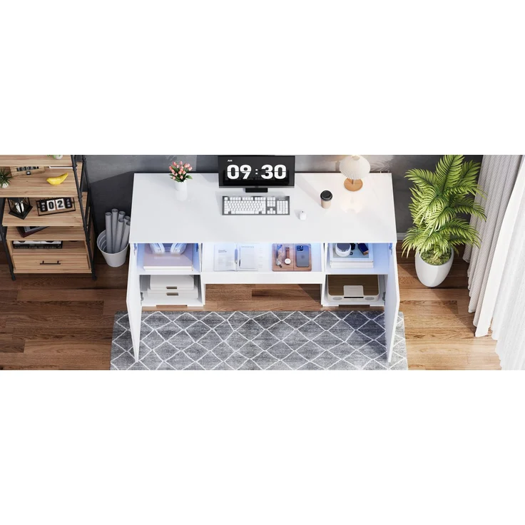 ZUBALIYA 140x50cm großer Schreibtisch in Hochglanz, mit LED-Beleuchtung, 1 Schublade und 2 Türen, moderner Computertisch mit extra großer Arbeitsfläche, Schminktisch mit Stauraum, in Weiß-Hochglanz – Bild 17
