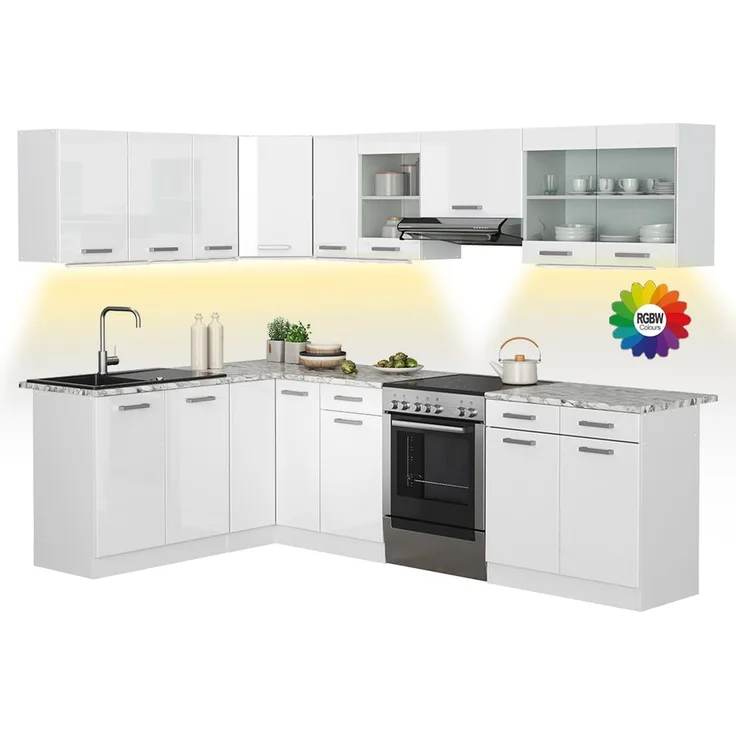Eckküche R-Line Weiß Hochglanz/Weiß 267 x 167 cm, AP Marmor mit LED-Leisten Vicco