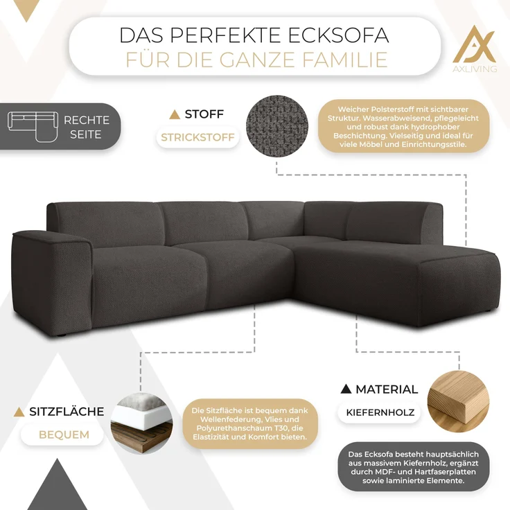 AX LIVING Couch Sofa L Form Didim L Grau – 292 cm, stilvoll & bequem R – Bild 5
