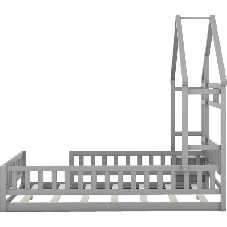 Kinderhausbett, Flachbett aus Kiefernholz mit Geländer, inklusive Nachttisch, stabiles Massivholzbett für Kinder,Grau – Bild 8