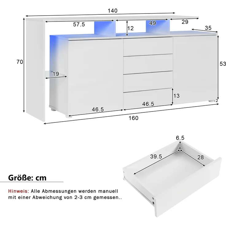 Sideboard Kommode aus Spanplatte mit LED-Beleuchtung, 4 Schubladen & 2 Push-to-Open-Türen, 160x35x70 cm, Weiß – Bild 10
