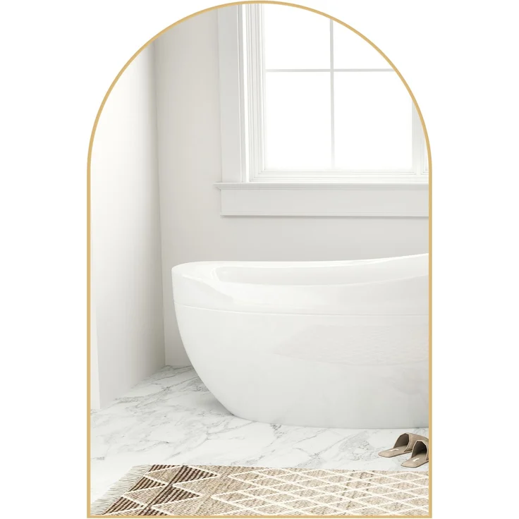 Gewölbter Wandspiegel, Badezimmerspiegel mit Rahmen aus Aluminiumlegierung für Schlafzimmer, Wohnzimmer, Flur, 60 × 90 cm, gold – Bild 2