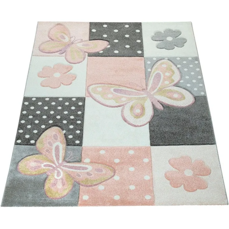 Paco Home Kinderteppich Cosmo 220, rechteckig, Höhe: 12 mm, 3D-Design, Patchwork Muster, niedliches Motiv Schmetterlinge & Punkte