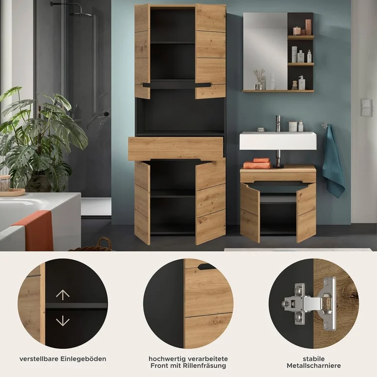 Xonox Canu Badkombination (B/H/T: 154x193x34 cm) in Basalt grau Nachbildung und Artisan Nachbildung – Bild 9