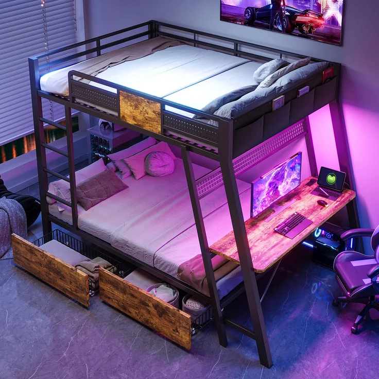 Merax Metall-Etagenbett 140x200 cm, integrierter Gaming-Schreibtisch mit Steckdosen, USB- und Type-C-Anschlüssen, mit LED-Lichtband, zwei Aufbewahrungskörben, Schwarz – Bild 2