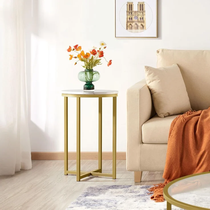 Yaheetech Beistelltisch rund, Couchtisch mit Marmorimitat-Tischplatte, Nachttisch, Sofatisch, Metallgestell senf Gold, 40,5 x 40,5 x 61 cm – Bild 7