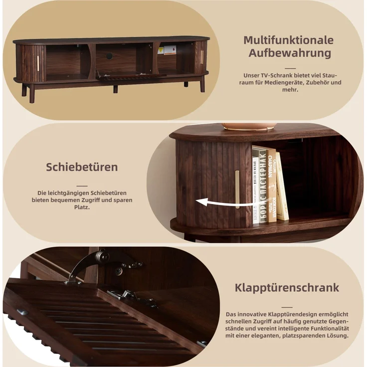 Merax 165cm brauner Lowboard-TV-Schrank, flacher brauner TV-Schrank mit Schiebetür, mit nach unten klappbarer Hohlschranktür, passend für TV-Ständer bis zu 65 Zoll, mit Stützbeinen – Bild 5