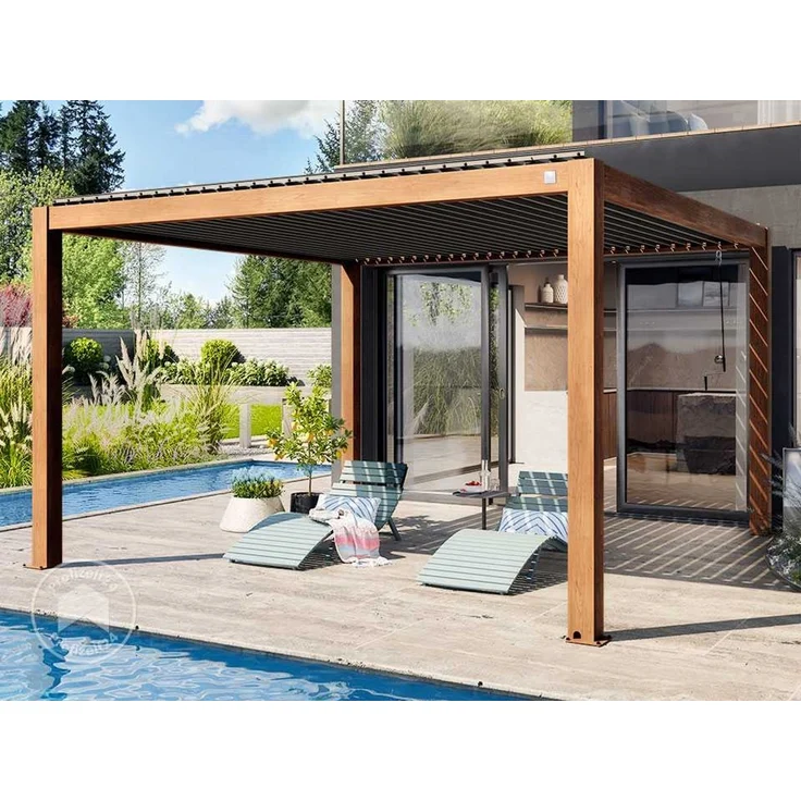 PRIMEYARD Pergola 4x4 m Aluminium Pfosten mit Lamellendach aus Aluminium holzfarbene Terrassenüberdachung – Bild 2